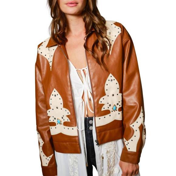 BLUE B Jackets & Blazers - NEW BLUE B faux leather studded oversized zip-up jacket in sienna brown